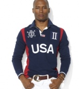 Bask in the glory of the USA's 2012 Olympic Games success with a soft cotton rugby shirt featuring multiple patriotic USA-themed logos and patches.