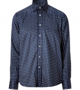 Bring stylish whimsy to your workweek look with this fun polka dot print button down from Etro - Small spread collar, long sleeves, front button placket, curved hem, all-over dot print - Pair with jeans, chinos, corduroys, or slim trousers