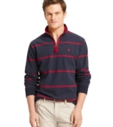 Warm up the fall with this striped and sueded quarter-zip shirt from Izod, an excellent choice for fall barbecues and trips to the shore.