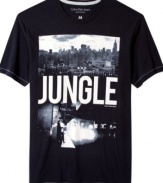 Essential gear for life in the urban jungle: Calvin Klein Jeans' graphic tee printed with a cityscape and subway scene.