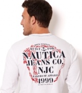 Add this long-sleeved graphic t-shirt from Nautica to your fall wardrobe and have your weekend wardrobe set.