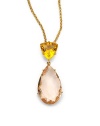 THE LOOKA bold faceted teardrop of tinted peach glassHangs from a lemon-colored faceted glass trillionGolden chainLobster claspTHE FITChain length, about 22, plus 2 extenderPendant length, about 2½THE MATERIALGlass18k goldplatingORIGINImported