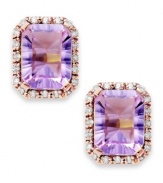 Richly colored with faceted details, these fun stud earrings showcase emerald-cut pink amethyst (2-1/2 ct. t.w.) edged by sparkling diamond accents. Set in 10k rose gold. Approximate drop length: 1/2 inch. Approximate drop width: 3/8 inch.