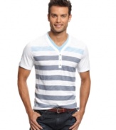 Need to top off your cool denim look? Try this striped y-neck t-shirt from INC International Concepts for an update on your style.