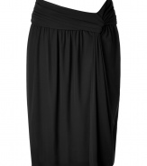 Luxurious skirt of fine black rayon - Wonderfully soft and flattering - With glamorous, figure-flattering draping - Slim, but not too narrow cut, slightly flared and decoratively gathered - Professional, just above the knee length - A figure knockout, molds your curves, hides any little fat and makes you look totally slender - A dream of a skirt for business and afterwards - For the office with a blazer and blouse, for evening with a tunic and booties or sandals