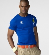 A sporty cotton jersey tee is adorned with vibrant race-inspired graphics for a modern, athletic look.