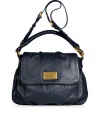 A Marc by Marc Jacobs favorite style in jet blue leather, this convertible silhouette lends a cool compliment to any outfit - Flap with logo plaque, magnetic snap underneath, slouchy shape, adjustable removable shoulder strap, logo lining, zippered back wall pocket, 2 front wall slit pockets - Perfect for everyday use or for off-duty casual ensembles