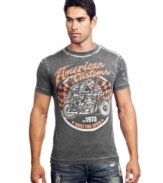 Take it to the races. This graphic tee from Affliction moves your casual wardrobe into the fast lane.