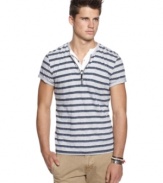 Line up your short-sleeved options this summer. This striped shirt from Bar III has details to keep your style hot.