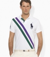 Designed exclusively for Ralph Lauren's collection celebrating the Wimbledon Championships, a classic short-sleeved polo shirt is tailored for a trim, modern fit from breathable cotton mesh with preppy diagonal sash stripes.