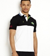 Expand your style to include other cultures with this handsome Brazil polo shirt from Nautica.