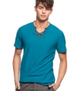 Don't copy the usual t-shirt style. Change up your look with this drawstring y-neck shirt from Bar III and get noticed.