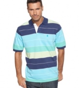 Stay in line. Get noticed no matter who you're standing next to in this multicolor-striped polo shirt from Izod.