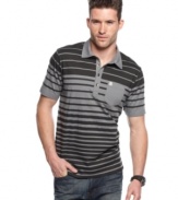 Give and edge to your preppy polo look with the stripes and contrast placket of this shirt from Marc Ecko Cut & Sew.