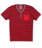 Red hot. You'll stand out with this half-button v-neck shirt, with a bold striped pattern, from American Rag.