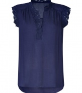 Delicate lace trim lends this midnight blue Ella Moss top its easy, feminine polish - Crafted from a soft, lightweight rayon - Slim, fluid cut, with lace embellishment at small, stand-up collar and half-sleeves - V-neck and gather detail at shoulders - Versatile and chic, ideal for any number of occasions - Pair with slim trousers, skinny jeans or pencil skirts