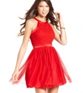 Charm the masses in XOXO's flirty, a-line dress! A body of lace is accented by satin trims and a fun tulle overlay.