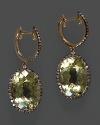 Lemon quartz and brown diamond drop earrings in yellow gold.