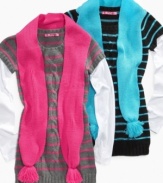 She'll love warming up with this cute scarf and striped layered sweater from Energie – a fun, fashionable style for getting cozy in the cold.