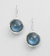 From the Wonderland Collection. Faceted, circular indigo doublets set in hammered sterling silver in a pretty drop design. Indigo doubletsSterling silverDrop, about 1.2Hook backImported 