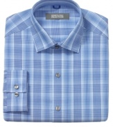 Roll up your sleeves, rock the contrast. This check Kenneth Cole Reaction dress shirt has a stylish stripe under the cuff.