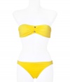 Look supremely sexy in this luxe bandeau bikini from Juicy Couture - Classic bandeau top with gold-tone hardware, classic slip-on bikini bottoms with back ruching and gold-tone logo hardware - Pair with a sheer caftan, wedge sandals, a floppy sunhat