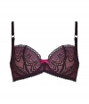 Add seductive appeal to the everyday with this lace-laden contour bra from Elle MacPherson Intimates - Pink with contrasting black lace overlay, front bow detail, underwire, soft cups, thin adjustable straps, back hook and eye closure - Style with a low-cut top or party-ready frock