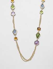 From the Cocktail Hour Collection. A multicolored style with sparking faceted stations in various shapes and sizes on a multi-row chain design. Glass stonesGoldtone white metalLength, about 38Lobster clasp closureImported 