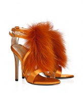 Make dramatic statement at your toes with Emilio Puccis exquisite fur trimmed satin sandals, detailed in rich mango for a luminescent finish - Buckled ankle straps, stiletto heel - Pair with modern-retro printed sheath dresses and just as bright accessories