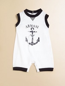 A soft, knit playsuit with nautical touches for easy comfort on steamy days.Contrast ribbed crewneckSleeveless with ribbed armhole trimFaded anchor design screened on frontBack snapsSnap legs with contrast ribbed trimCottonMachine washImported Please note: Number of snaps may vary depending on size ordered. 