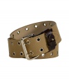 Finish your look in luxe military style with this eyelet-laden canvas belt from McQ Alexander McQueen - Wide olive-khaki cotton canvas belt with light gold-toned hardware, brown leather detailing - Style with a sharply tailored sheath or over an oversized cardigan