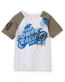 A sporty Diesel tee with contrast colorblock sleeves and a bold racing print on front.