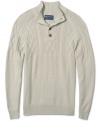 American Rag borrows the kind of classic cables featured on a fisherman's knit for a lighter weight, three-season cotton sweater with a buttoning mock turtleneck.