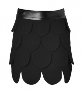 The ultimate statement skirt, this petal-laden iteration from Milly gets roughened up with a luxe leather waistband and a daring mini length - Leather waistband, tiered wool petal shaped cutouts, concealed side zip closure - Fitted waist, mini length - Wear with a silk top and bold heels for evening or paired with a simple blouse and booties for day