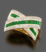 Round-cut emeralds (3/4 ct. t.w.) and round-cut diamonds (1/4 ct.t.w.) crisscross within this 14k yellow gold ring for a very elegant effect.