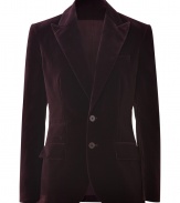 With its impeccable cut and rich hue of cabernet, Polo Ralph Laurens Edwardian velvet jacket lends an elegant polish to your tailored look - Peaked lapel, long sleeves, buttoned cuffs, double buttoned front, flap pockets, double back vents - Tailored fit - Wear with everything from slim trousers to feminine blouses and pencil skirts