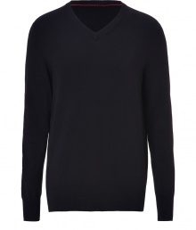 Polished, streamlined staples are a great way to anchor your wardrobe, and Hugos black cotton-blend pullover is classically chic start - V-neckline, long sleeves, fine ribbed trim - Slim, straight silhouette - Versatile and elegant, the perfect compliment to chinos, jeans or dress trousers