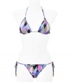 Channel classic retro-chic style in this sexy bikini featuring the classic Pucci print - Triangle style top with tie neck and tie back closure with bead details - Bottoms with side tie detail and bead detail, all over geometric print - Style with a sheer caftan, a floppy sun hat, and oversized shades