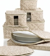 Keep china safe between special occasions with this 8-piece storage set. Soft microfiber resists dust and stains while securing each piece in your dinnerware collection, from teacups to serving platters, between layers of plush quilting. A great idea for family heirlooms and holiday china.