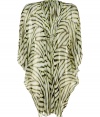 Super stylish herringbone acid lime caftan from Diane von Furstenburg - Amp up your resort-ready style with this vibrant and luxe silk caftan - High neckline, flutter sleeves, tie-front closure, asymmetrical hem, all-over print - Pair with a DVF bikini, platform sandals, and an ethnic-inspired necklace