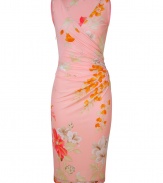 Luxe sheath dress in fine, 100% pure jersey silk - Elegant in peach, lush floral motif in shades of orange, red and khaki - Sleeveless, curve-hugging silhouette with deep V wrap top - Asymmetric gather drape detail at hips, fitted skirt hits above the knee - Floral trim at hem, contrast piping at neckline - Polished to perfection, a knockout for day or evening - Pair with a cardigan and ballet flats or dress up with strappy heels and a clutch