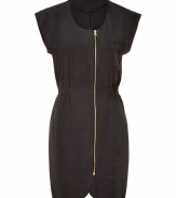 Stylish dress in fine, dark grey lyocell - Soft, lightweight fabric has a satin-like texture - Feminine silhouette with round neckline, cropped sleeves and gathered waist - Pocket detail at chest - Chic, gold front zip extends from collar to almost hem-length - Skirt hits above the knee - Chic and relaxed, ideal for the office, casual cocktails and parties - Style with tights and ankle booties or ballet flats