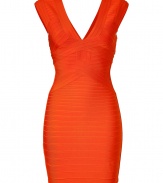 Sultry mandarin bandage dress from Herv? L?ger - Accentuate your curves in this bold bandage style dress - Slim mini-silhouette, cap sleeves, crisscross detail, exposed back zip closure - Pair with fishnets, a faux fur jacket, and metallic platforms