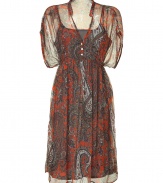 Stylish dress in fine, pure orange printed viscose - Sheer, feather weight overlay and slim grey slip - Vibrant and on-trend in a rich paisley motif - Tiny stand up collar, v-neck and wide, gathered sleeves - Skinny tie belt cinches waist just beneath chest - Breezy boho chic at its very best, seamlessly transitions from work to weekend - Pair with flat leather sandals or wedges