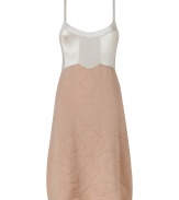 Alluring and demure with a modern mix of satin and patterned knit, Jil Sanders mixed-media dress is a sweet choice perfect for adding a romantic finish to your look - Scooped neckline, spaghetti straps, ivory top with mixed knit trim, textural blush knit skirt, pull-over style - Fitted top, full skirt - Wear with a blazer and peep-toes to work