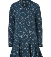 Inject a vintage edge into your lady-chic looks with Paul & Joes incredibly feminine floral print silk shirtdress - Softly pointed collar, long sleeves, buttoned cuffs, covered partial button-down front, ruffled mini-skirt - Loosely tailored fit - Wear with fun flats and a leather carryall tote to work