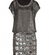 Intricately crafted with a mash-up of sequins and jeweled crystals, Collette Dinnigans modern cut dress is a unique choice, guaranteed to amp up your evening wardrobe - Round neckline and cap sleeves with jeweled trim, contrast sequined skirt, hidden snap and side zip closures - Loose bodice, form-fitting skirt - Streamline you look with a finish of jet black accessories