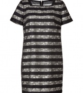 Ladylike in lace with a sleek stripey underlay, Marc by Marc Jacobs square-neck shift is a cool choice for adding modern-retro flair to your look - Square neckline with black trim, short sleeves, front patch pockets, exposed metal back zip - Straight silhouette - Team with a bright clutch and sweet black flats