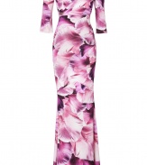 With its vivid dewy orchid print and radiant purple coloring, Roberto Cavallis maxi dress is an ultra romantic take on the iconic Cavalli look - Wrapped V-neckline, 3/4 sleeves, brooch detail at hip, pull-over style - Form-fitting - Wear with metallic pumps and a bright leather clutch