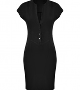 Work a sultry edge into your work to cocktails looks with Catherine Malandrinos jet black shift - Round neckline with deep slit, cap sleeves, front button detail, contoured seaming - Form-fitting - Wear with statement jewelry and heels